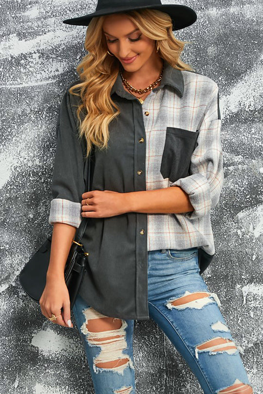 R&B | Karierte Farbblock Gefallen Schulter Corduroy Shacket