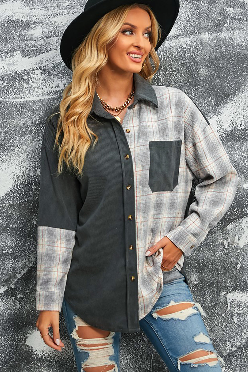 R&B | Karierte Farbblock Gefallen Schulter Corduroy Shacket