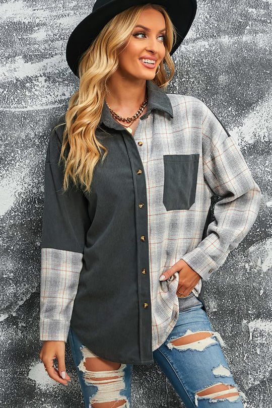 R&B | Karierte Farbblock Gefallen Schulter Corduroy Shacket