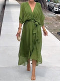 Damen Chiffonkleid Grün V-Ausschnitt Sommerkleid