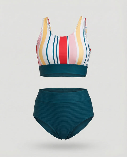 R&B | Gestreiftes Reißverschluss-Rücken Schick Bikini Set
