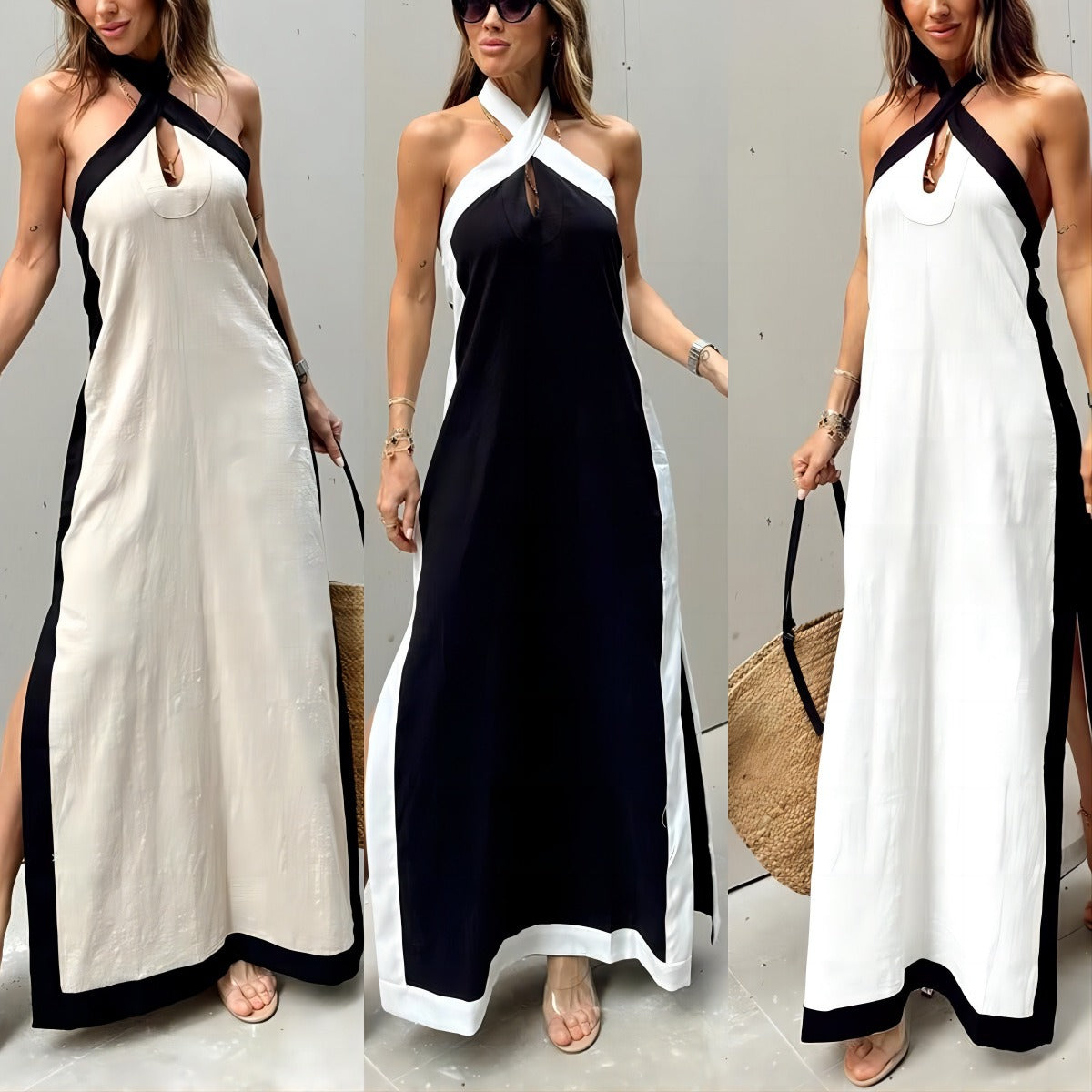 R&B | Kleid aus Baumwolle und Leinen mit nacktem Rücken und geteiltem Kragen