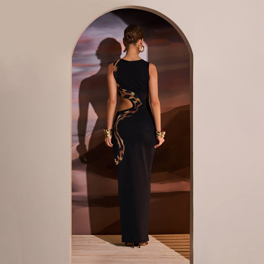 R&B | Ärmelloses, eng anliegendes, hohles Kleid mit geteiltem Ende