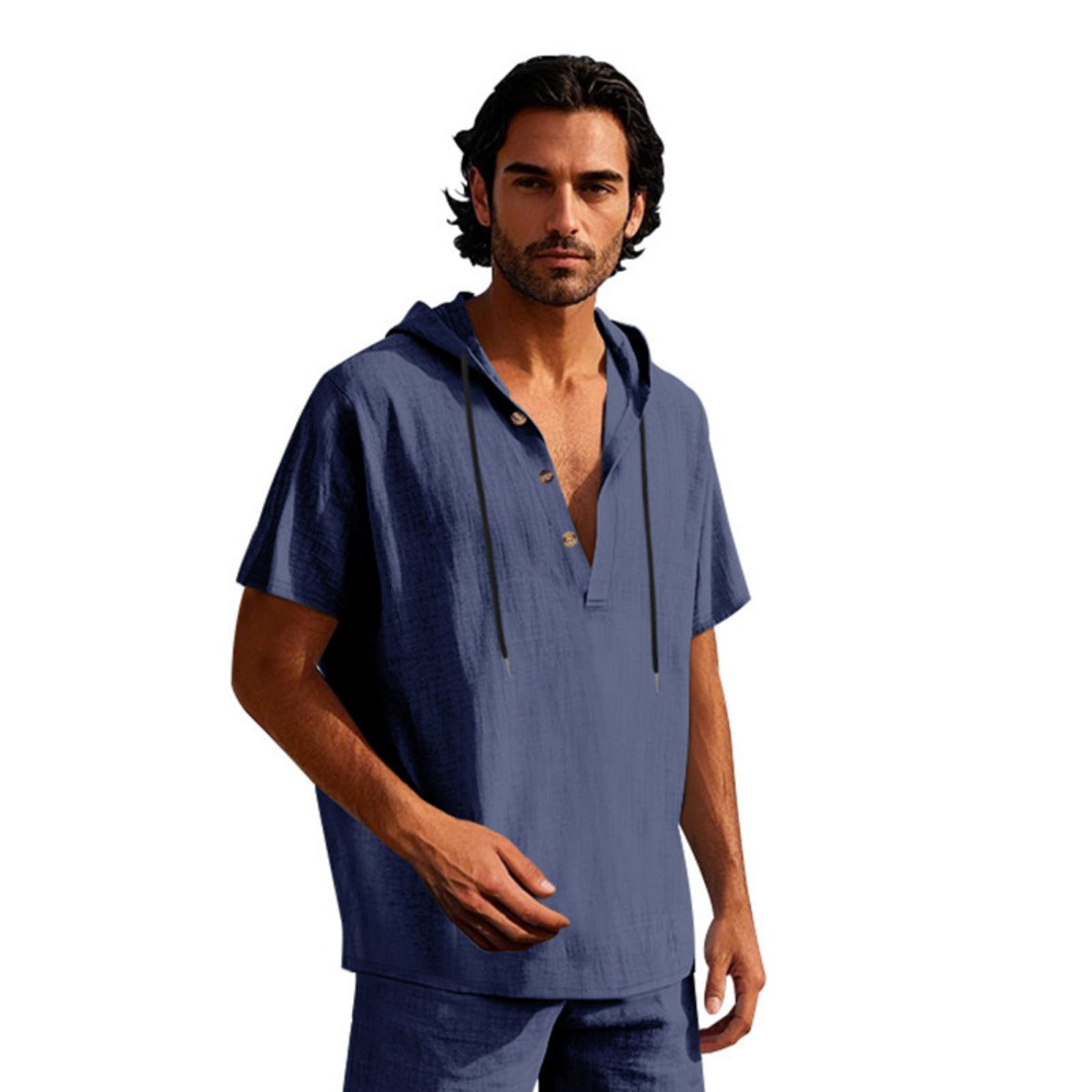 R&B | Leinen-Knopf-Strand-Kapuzen-Henley-Shirt