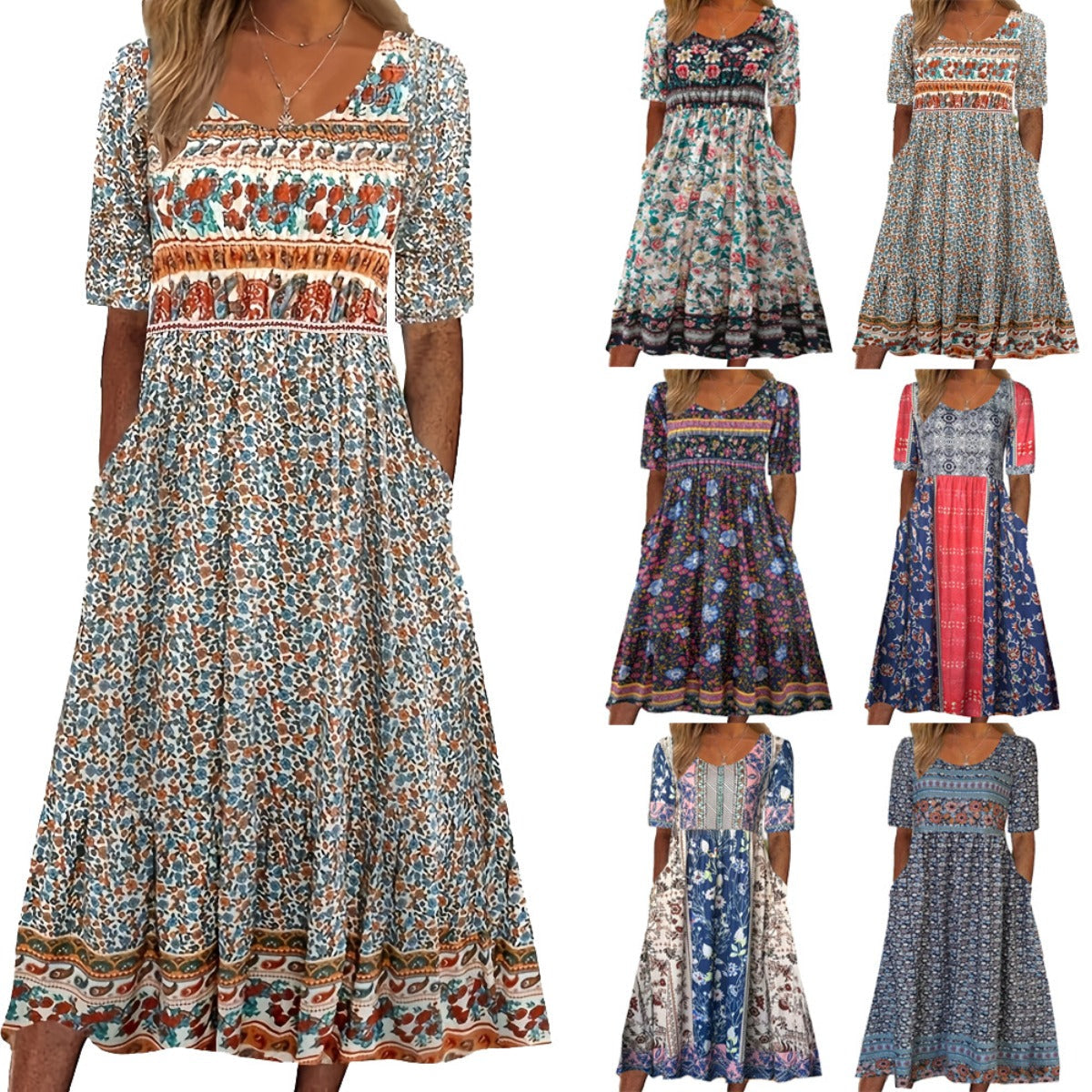 R&B | Rundhalsausschnitt Kurzarm Bohemian Print Kleid Frauen