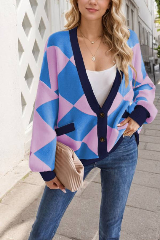 R&B | Hals Diamantstich Kontrastfarbe Lockere Gestrickte Cardigan Jacke für Frauen