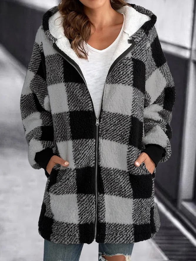 R&B | Weiche Damen Karierte Fleece Kapuzenjacke