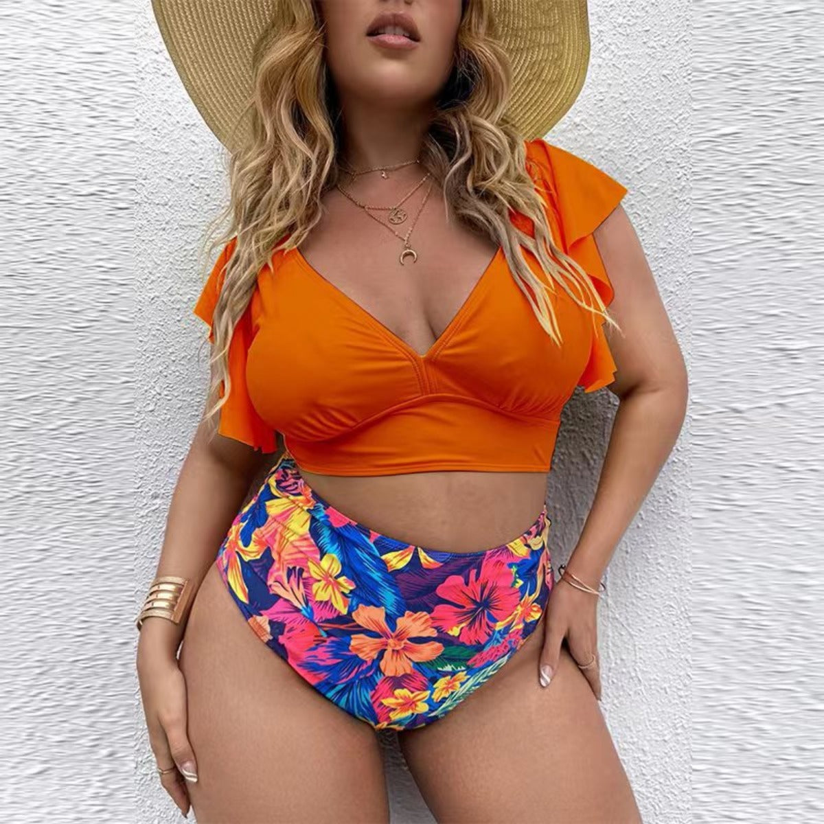 R&B | Großer Badeanzug mit Rüschendruck und hoher Taille