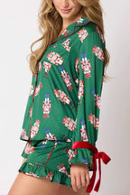 R&B | Weihnachten Mode Gedruckte Fliege Oberteil und Elastischer Taillen Rüschenshorts Set