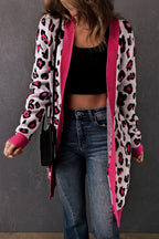 R&B | Leopard-Kontrastbesatz Offene Vorderseite Langarmlange Strickjacke