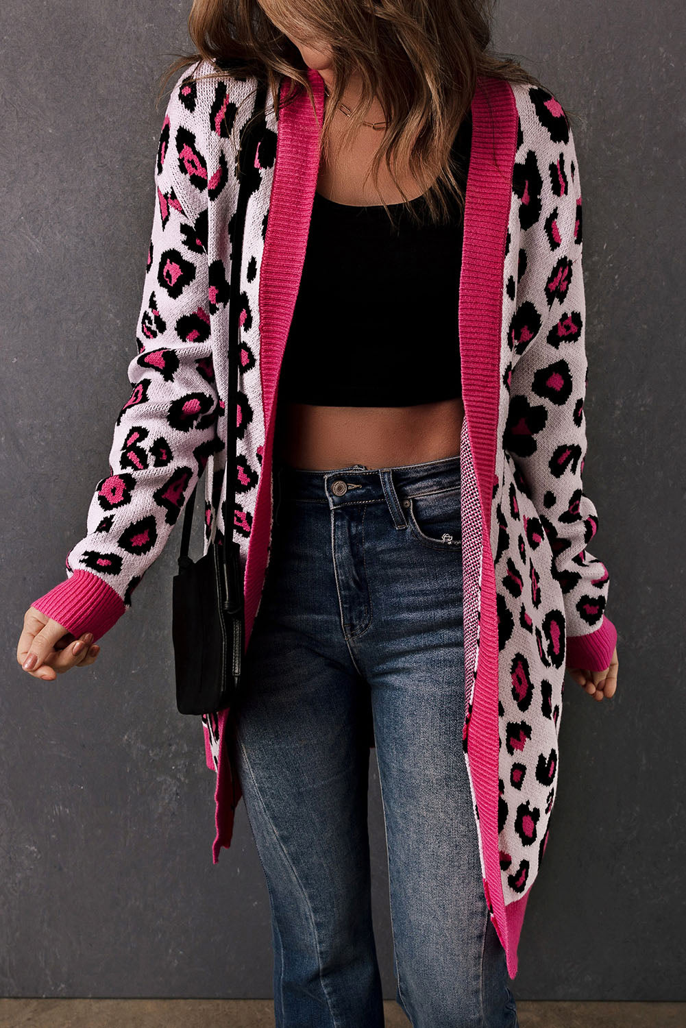 R&B | Leopard-Kontrastbesatz Offene Vorderseite Langarmlange Strickjacke