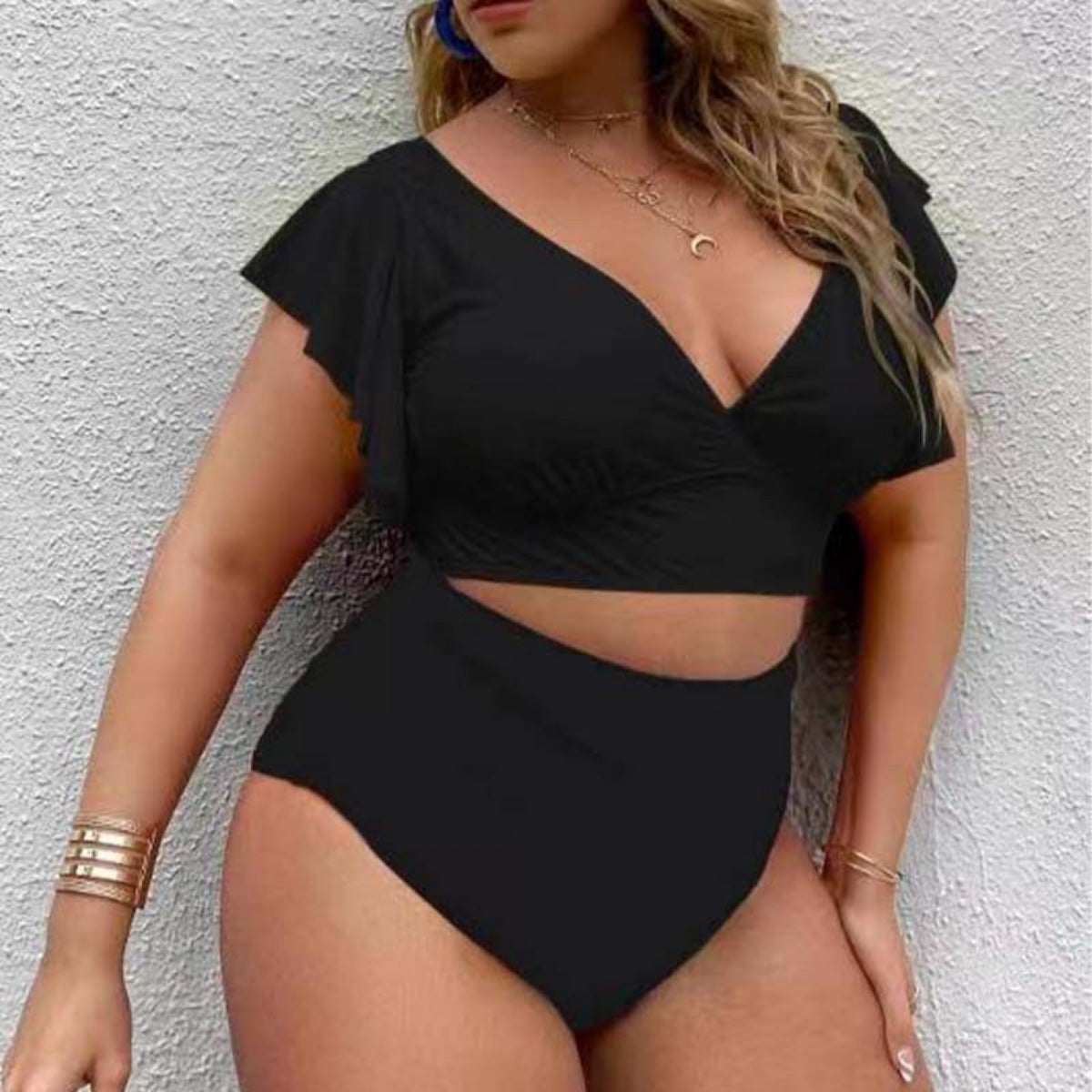R&B | Großer Badeanzug mit Rüschendruck und hoher Taille