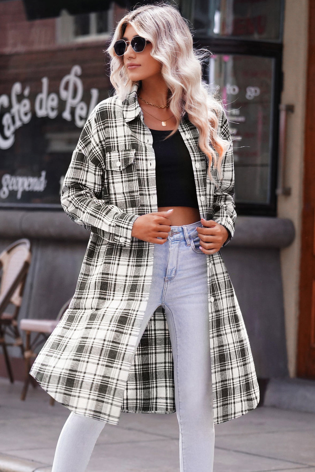 R&B | Karierter Button-Up Longline Shacket mit Brusttaschen