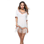 Damen trendiger Strandüberwurf mit fransigem Saum und buntem Häkelbesatz R&B