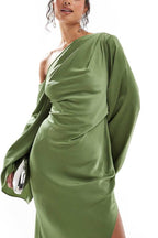 R&B | Zayla Satin Asymmetrisches Ein Schulter Glockenärmel Schlitz Maxi Kleid
