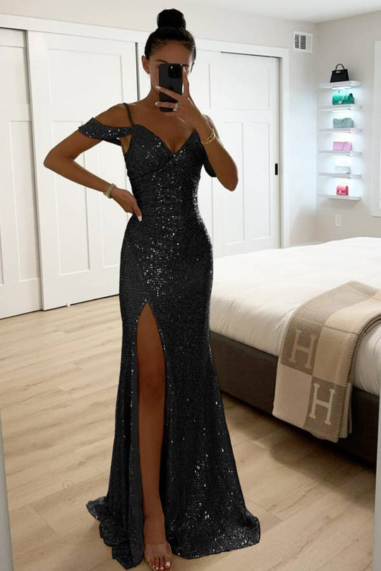 R&B | Paillettenspitze Meerjungfrau Abschlussballkleider mit Schlitz Off-Shoulder Abendkleid