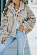Unifarbene Plüsch Fleece Jacke Mit Knopfleiste