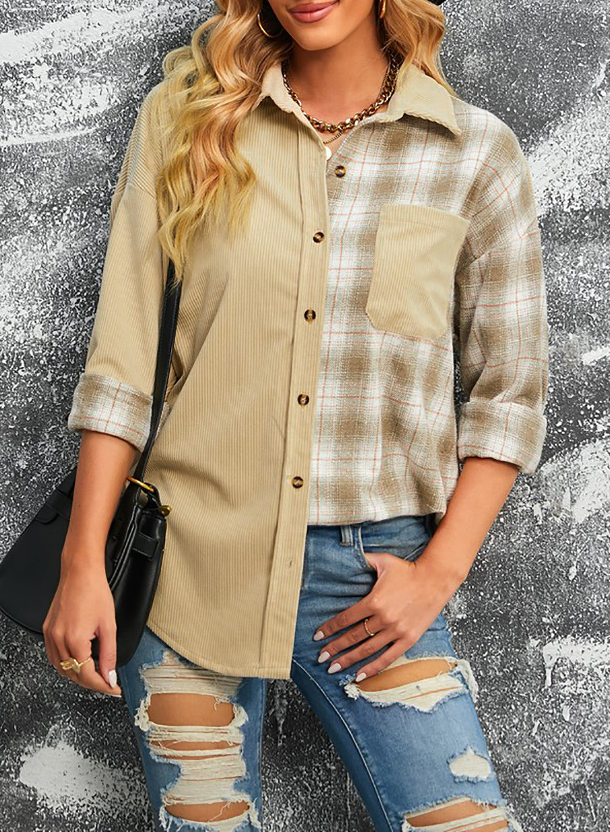 R&B | Karierte Farbblock Gefallen Schulter Corduroy Shacket