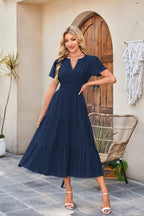 R&B | Kleid mit V-Ausschnitt und plissierten Blasenärmeln