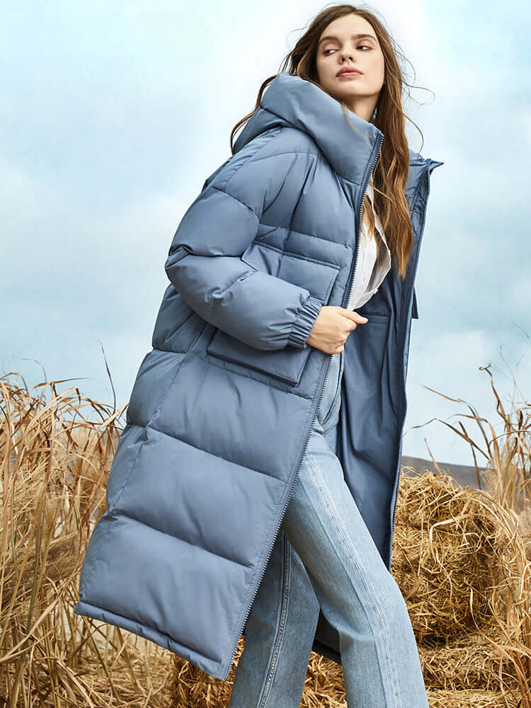 R&B | Damen Lange Winter Pufferjacke mit Kapuze