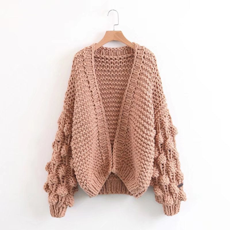 Damen Grob gestrickte Oversized-Jacke mit hohem Kragen und Kapuzendesign R&B