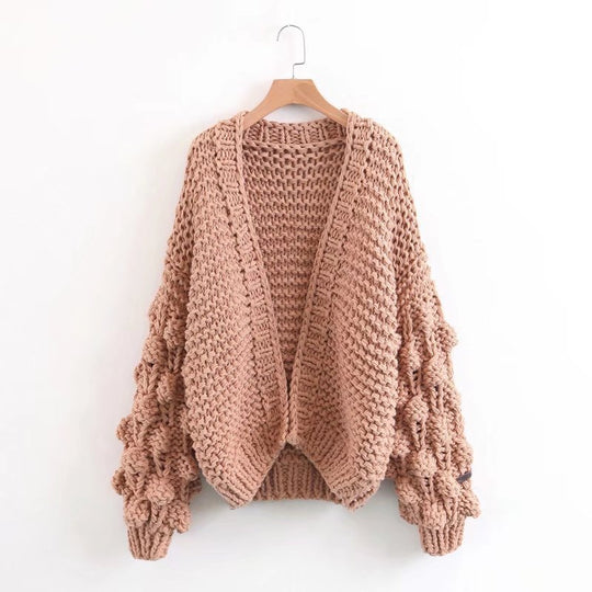 Damen Grob gestrickte Oversized-Jacke mit hohem Kragen und Kapuzendesign R&B
