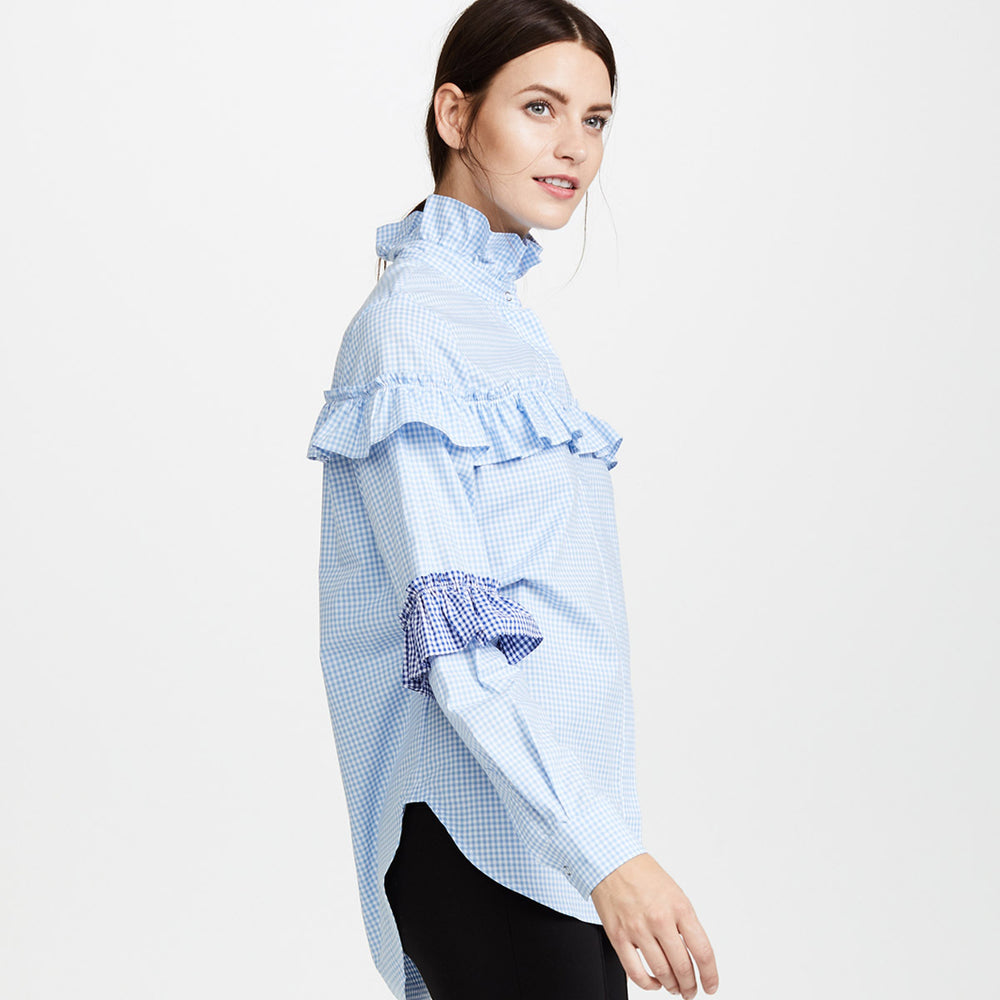 Damen Bluse mit Rüschenverarbeitung und gestreiften Puffärmeln R&B