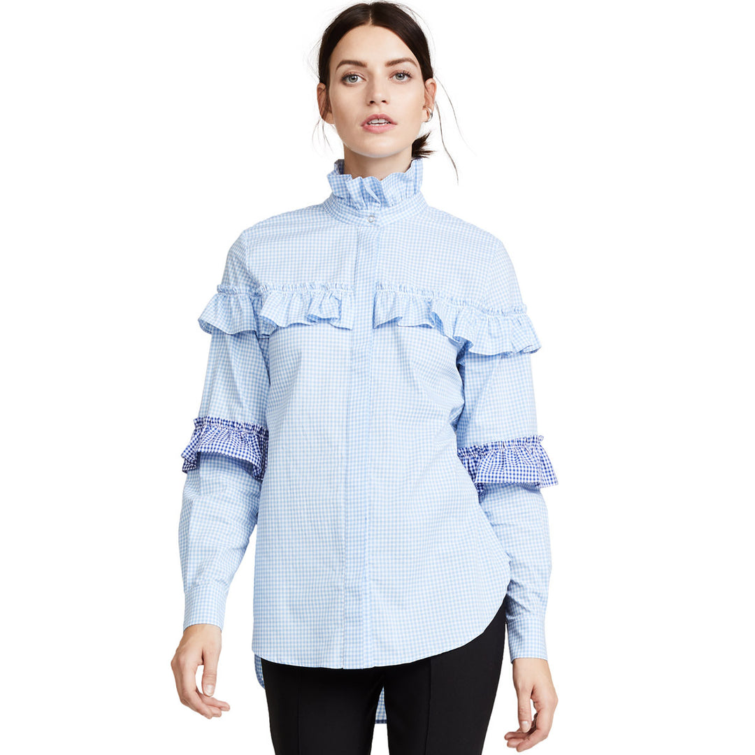 Damen Bluse mit Rüschenverarbeitung und gestreiften Puffärmeln R&B