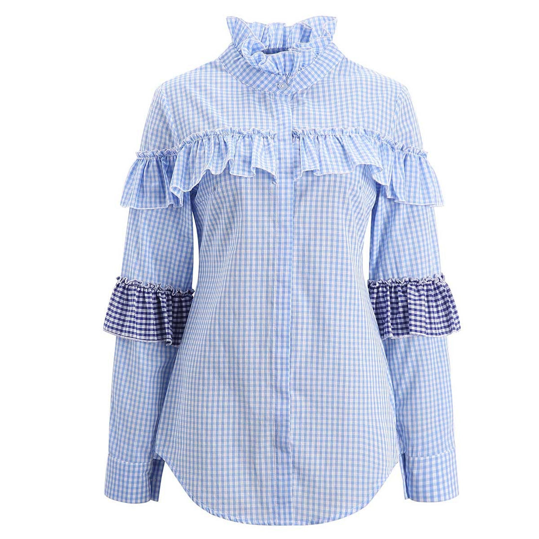 Damen Bluse mit Rüschenverarbeitung und gestreiften Puffärmeln R&B