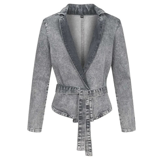 R&B | Jeansjacke mit Gürtel, Stehkragen und langen Ärmeln