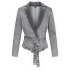 R&B | Lässige Denim-Jacke mit Gürtel, Stehkragen und Langen Ärmeln