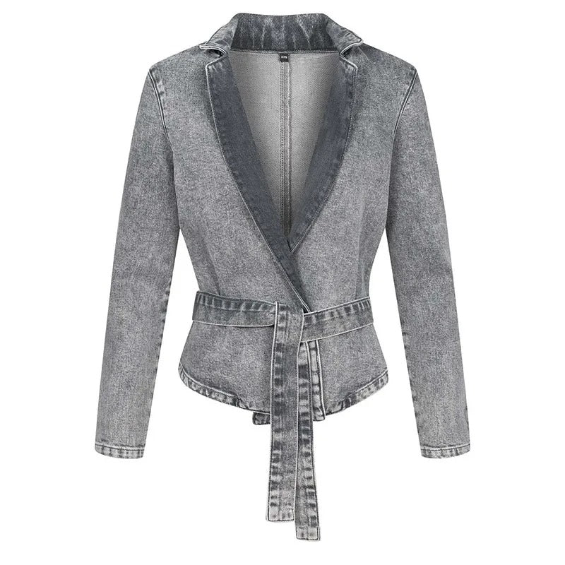 R&B | Lässige Denim-Jacke mit Gürtel, Stehkragen und Langen Ärmeln