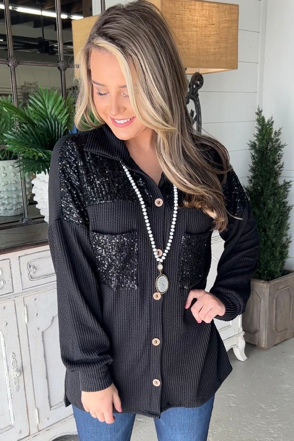 R&B | Gerippte Blusenjacke mit Pailletten-details Polyester-mischung Festlich und Trendy
