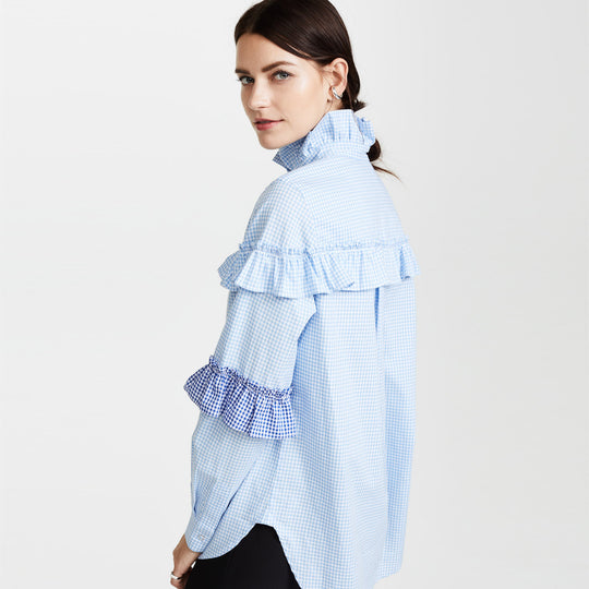 Damen Bluse mit Rüschenverarbeitung und gestreiften Puffärmeln R&B