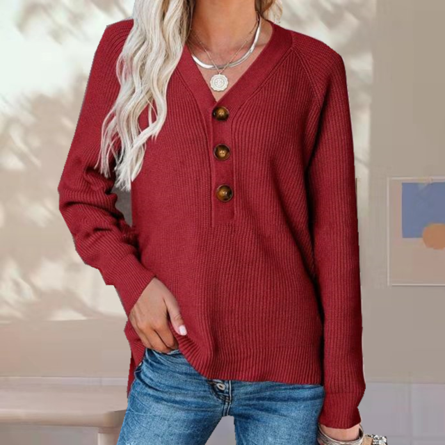 R&B | Pullover - Damen Herbst Knopf V-Ausschnitt Strickpullover