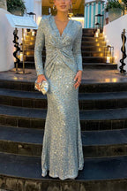 R&B | Give Em' Glam Paillettenkleid mit Langen Ärmeln und Gekreuztem Taillendetail Abend-Maxikleid