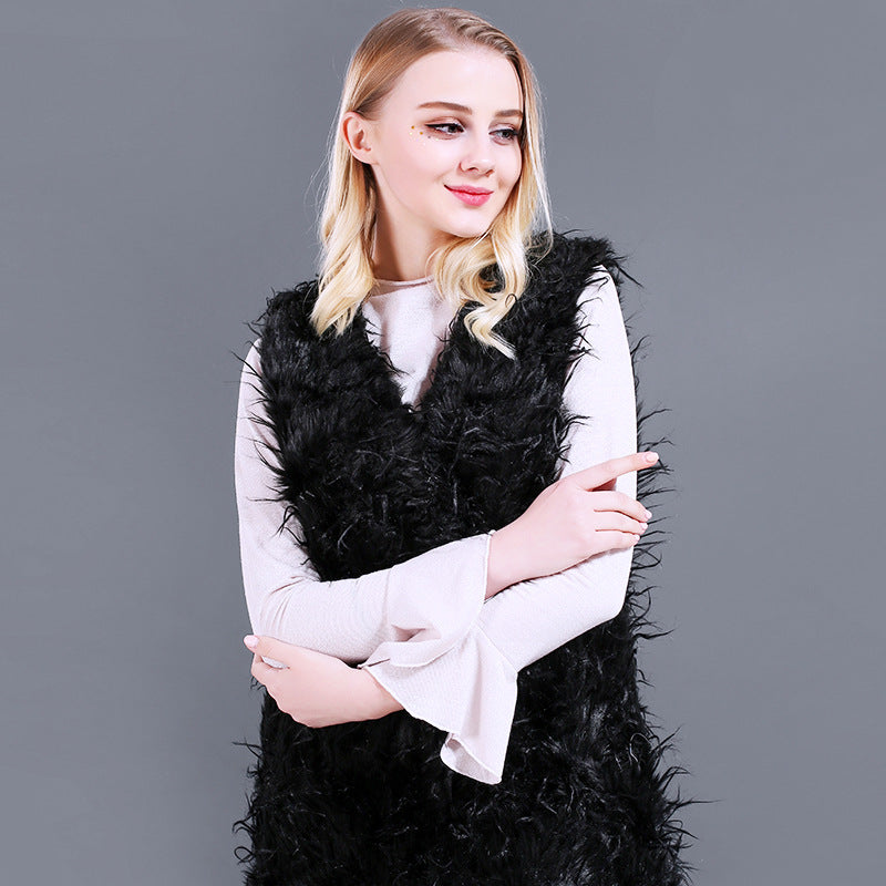 Damen Flauschige Kaftan-Weste aus Kunstpelz mit tiefem V-Ausschnitt und Seitentaschen R&B