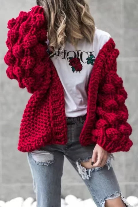 Damen Grob gestrickte Oversized-Jacke mit hohem Kragen und Kapuzendesign R&B