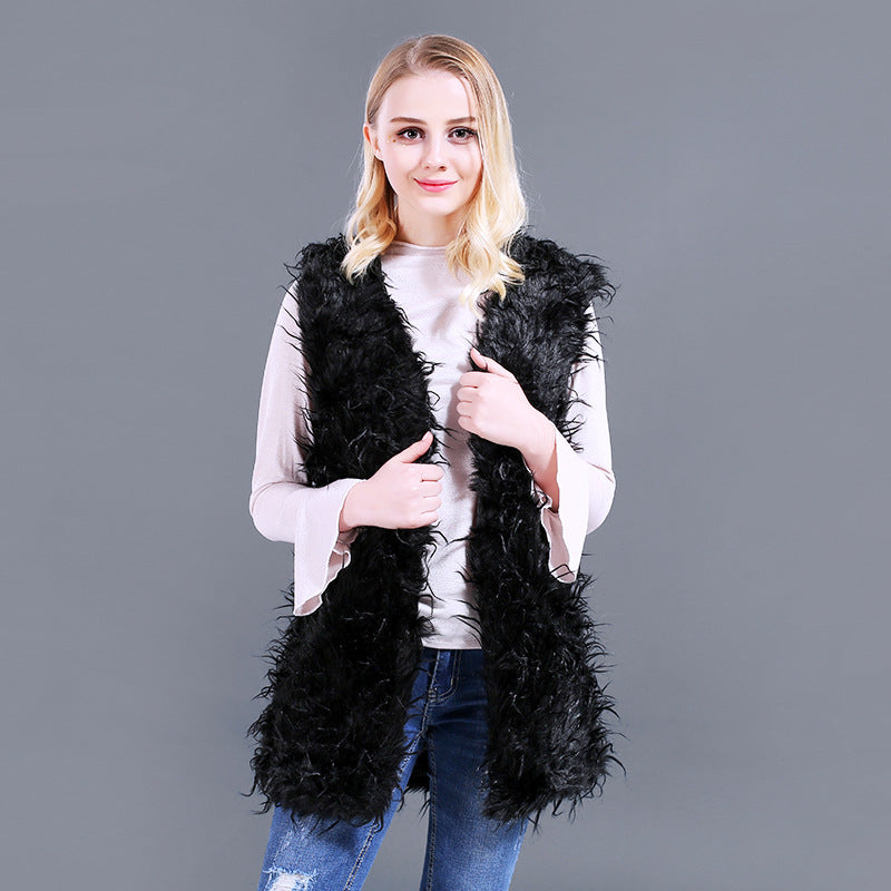 Damen Flauschige Kaftan-Weste aus Kunstpelz mit tiefem V-Ausschnitt und Seitentaschen R&B