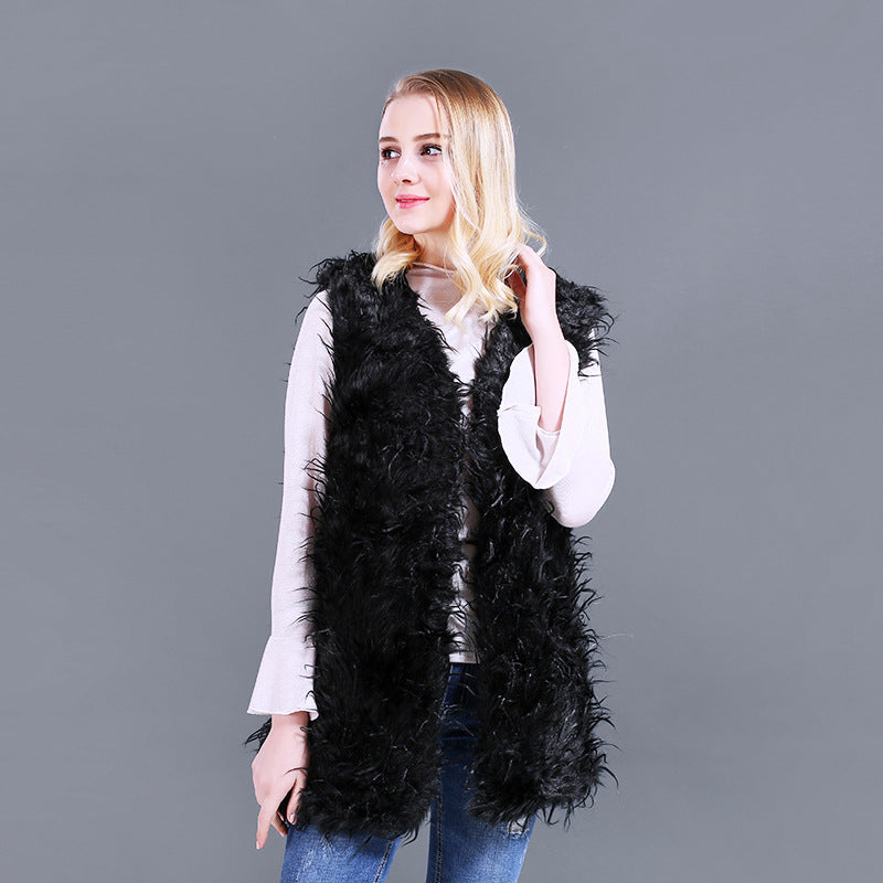 Damen Flauschige Kaftan-Weste aus Kunstpelz mit tiefem V-Ausschnitt und Seitentaschen R&B
