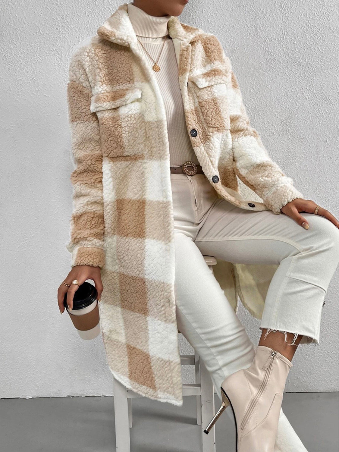 R&B | kariert Jacke mit plüschigem Kragen und Knöpfen