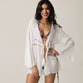 Damen gehäkelter Strandüberwurf mit Fransen und weiten Ärmeln R&B