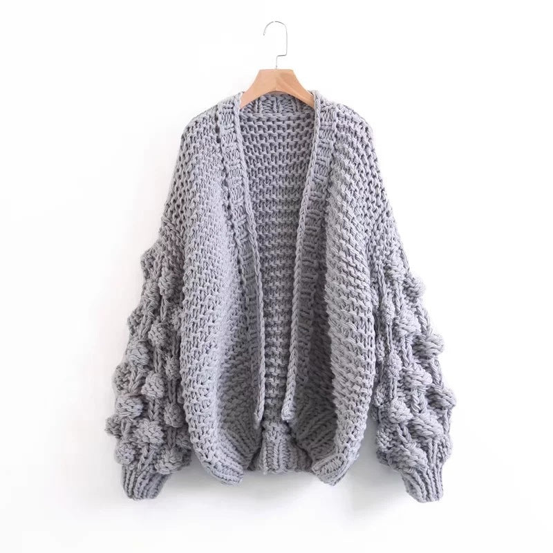 Damen Grob gestrickte Oversized-Jacke mit hohem Kragen und Kapuzendesign R&B