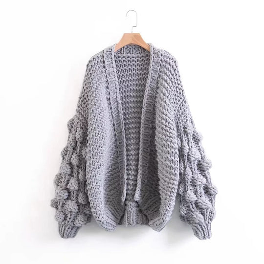 Damen Grob gestrickte Oversized-Jacke mit hohem Kragen und Kapuzendesign R&B