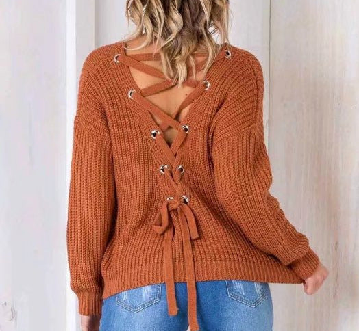 Damen modischer Strickpullover mit extravagantem Rückenausschnitt und Schnürdetails R&B
