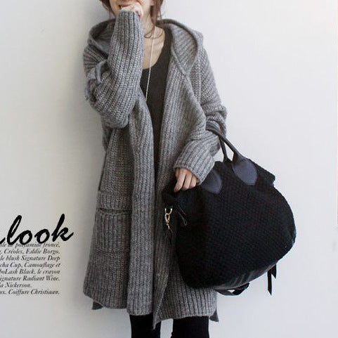 Damen Grobstrick-Longcardigan mit Kapuze und offenen Fronten