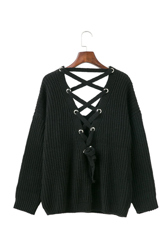 Damen Strickpullover mit dekorativem Rückenausschnitt und Schnürung R&B