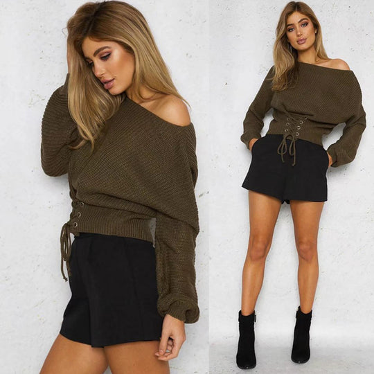 Damen trendiger Strickpullover mit dekorativer Schnürung R&B
