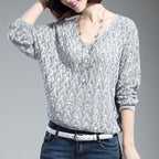 Damen Strickpullover mit V-Ausschnitt und luftiger Lochmusterung