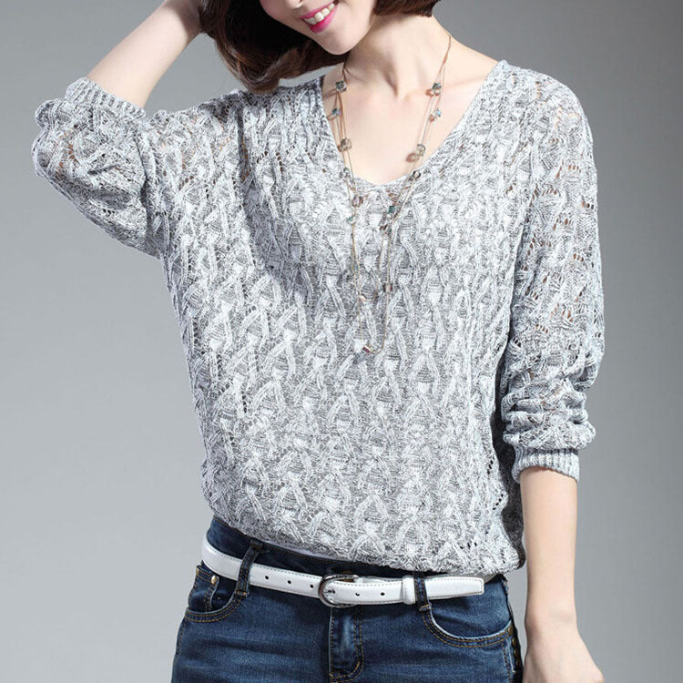 Damen Strickpullover mit V-Ausschnitt und luftiger Lochmusterung